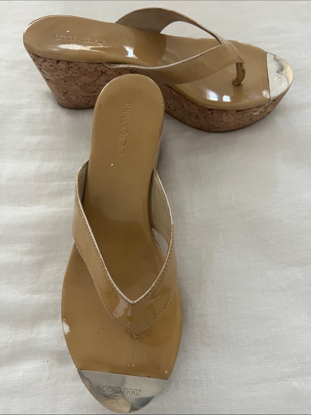 Jimmy Choo Nude Patent Wedge Thong Mules Size 38 1/2
